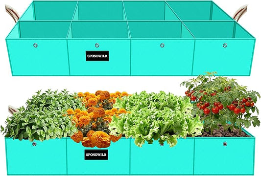 2 Pcs 135 Gallon PE Rectangle Plant Grow Bags, 6x3x1ft Large Garden Grow Bag Outdoor 8 Grids Planter Box Planting Container for Growing Tomatoes Potatoes Plants Flowers, Green