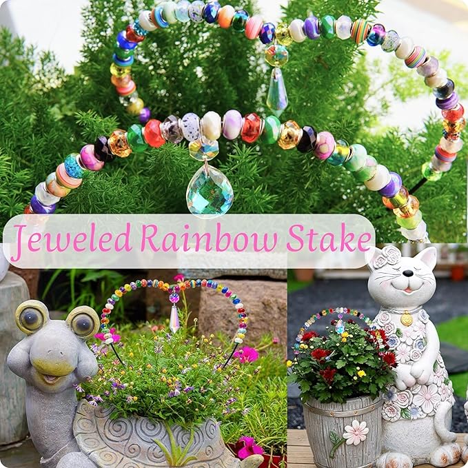 Beaded Garden Stakes Kit Fairy Garden Kit Decorative Garden Stakes with Sun Catcher Kits for Kids, Fairy Wand Kit with Fairy Beads and Suncatcher Beads, Plant Decorations for Pots