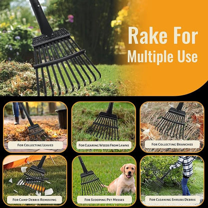Small Rakes for Garden Beds,11 Tines Heavy Duty Metal Yard Hand Rake with 63in Adjustable Handle,Ideal Gardening Rakes for Gathering Leaves,Shrub,Dog Poop,Garden Flower Beds