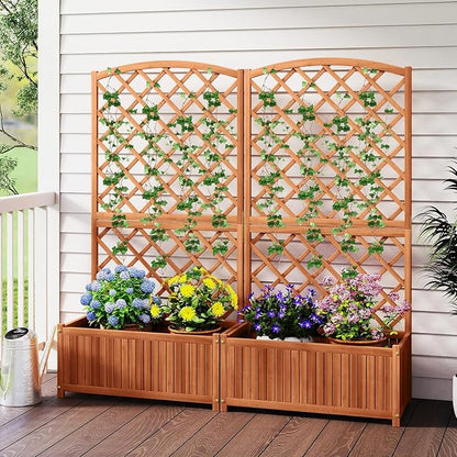 HAPPYGRILL Wooden Raised Garden Bed with Trellis, 63" Tall Planter Box with Trellis & Slat Bottom Base Vine Climbing Plants Flowers, Outdoor Freestanding Garden Box for Backyard Balcony (2)