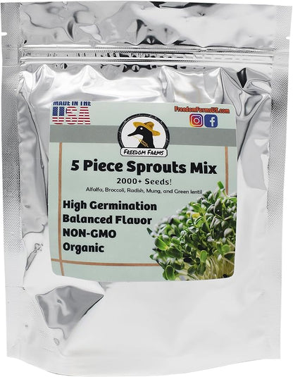1 lb Salad Style Bean Sprout Starter Seeds - 46 Servings per Bag! - Non-GMO Organic - Sprouting Mix - Includes Alfalfa, Broccoli, Radish, Mung, and Green Lentil