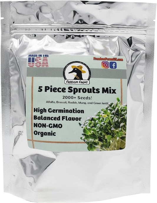 1/2 lb Salad Style Bean Sprout Starter Seeds - 23 Servings per Bag! - Non-GMO Organic - Sprouting Mix - Includes Alfalfa, Broccoli, Radish, Mung, and Green Lentil