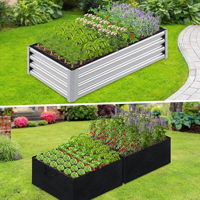 Rectangle Fabric Galvanized Raised Garden Bed Liner, 2Ps 4x4x1Ft Outdoor Garden Planting Bags for 8x4x1 Rectangle Metal Garden Bed, Large capacity for growing vegetables, flowers, herbs and succulents