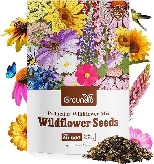 Wildflower Seeds Mix, 2 Oz, 50,000+ Seeds, 28 Varieties, Attracts Bees, Butterflies & Birds, Colorful Flowers