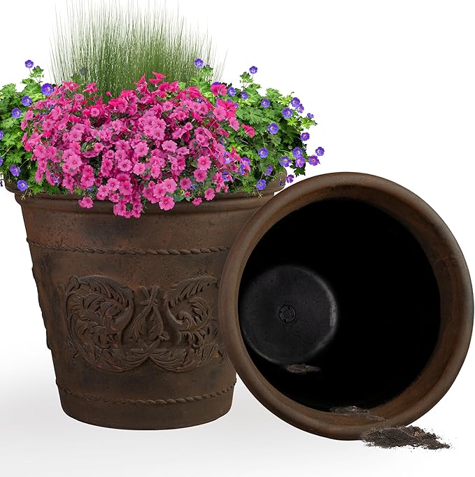 Sunnydaze 19.5-Inch Arabella Large Plastic Pot for Plants - Outdoor Double-Walled Polyresin Large Plastic Planter with Drillable Drainage Holes - 2 Pack - Rust