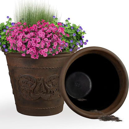 Sunnydaze 19.5-Inch Arabella Large Plastic Pot for Plants - Outdoor Double-Walled Polyresin Large Plastic Planter with Drillable Drainage Holes - 2 Pack - Rust