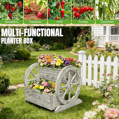 NestNature Wooden Wagon Planter Box,Raised Garden Bed,Decorative Garden Planters with Wheels-Outside Flower Pots for Indoor/Outdoor Décor Plants (Antique White)