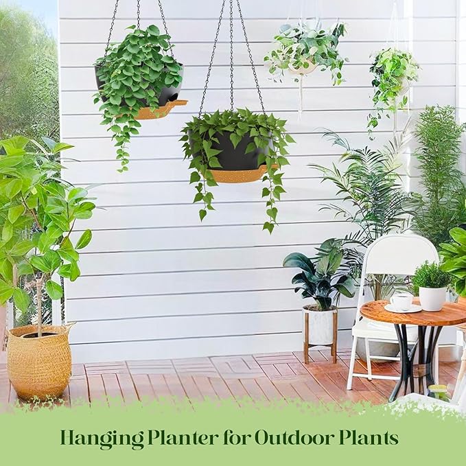 2 Pack 10 Inch Self Watering Hanging Planters for Indoor Plants, Large Black Brown Plastic Hanging Pots with Chains for Outdoor Patio Garden Home Decor (Black Brown)