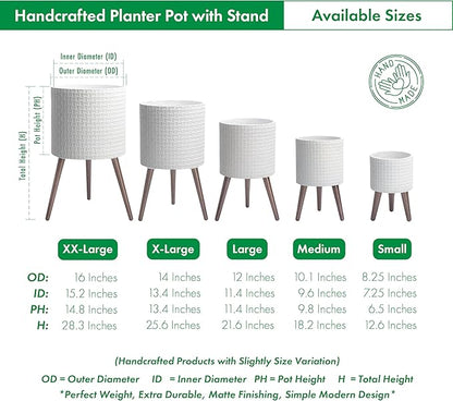 D'vine Dev 16 Inch Modern Geometric Tile Patterned Sleek Planter Pot with Stand, Indoor Outdoor Decorative Plant Holder, Matte White, 88-Z-E-1