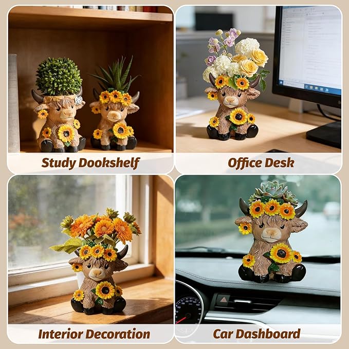 Cute Highland Cow Planter, 4.3 inch Resin Succulent Pot, Animal Planter with Drain, mini cows flower pots,Storage Containers for Outdoor Indoor Backyard Balcony Planters Home Garden Decor Gifts