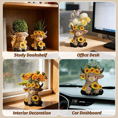 Cute Highland Cow Planter, 4.3 inch Resin Succulent Pot, Animal Planter with Drain, mini cows flower pots,Storage Containers for Outdoor Indoor Backyard Balcony Planters Home Garden Decor Gifts