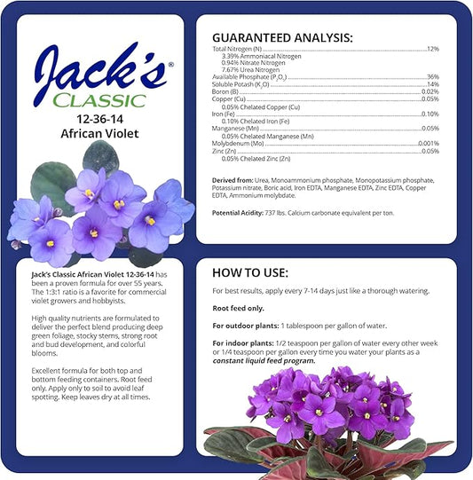 Jack's Classic 12-36-14 African Violet Water-Soluble Fertilizer with Micronutrients for Developing Strong Colorful Plants, 8oz