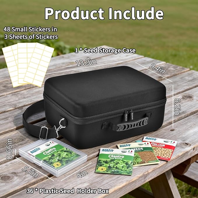 [Boobowl] Seed Storage Organizer with 36 Slots, Hard Shell Seed Holder with Labels, Dry Storage Container for Garden Vegetable Seeds, Sturdy Carrying Bag with Handle and Shoulder Strap(Box Only)