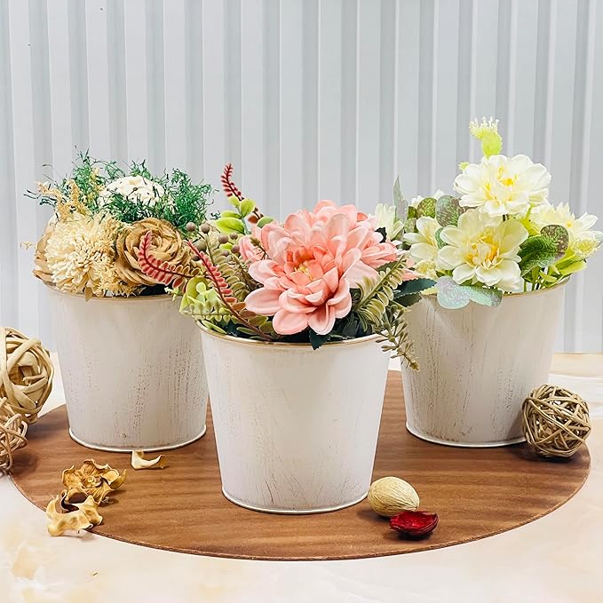 Hosley Set of 3 White Wash Finish Bucket/Pots with PVC Liner, 5" Dia x 4.75" H Ideal Gift for Floral Arrangements Wedding Home Office Party DIY Indoor Outdoor Garden Patio