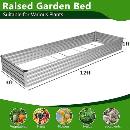 2PCS 12x3x1ft Galvanized Raised Garden Bed Kit,Metal Planter Box for Vegetables,Flowers,Herbs Durable Rust-Resistant Patio Gardening Beds,Silver