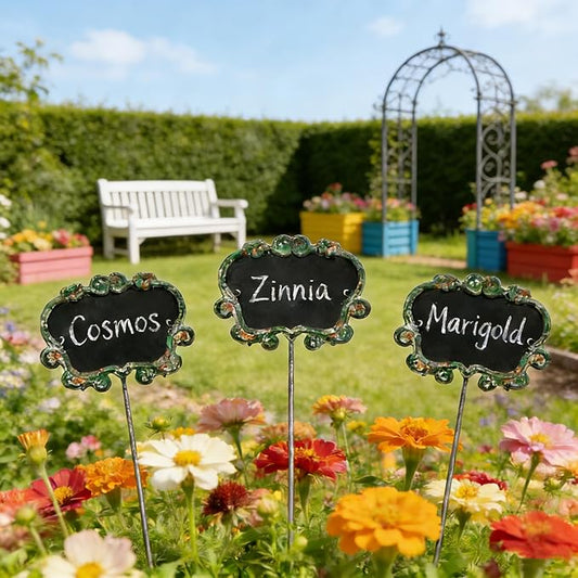 Set of 3 Vintage Green Metal Garden Markers with Chalkboard - Rustic Plant Labels for Indoor/Outdoor Flower Beds, Vegetable Gardens