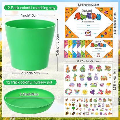 Domensi 12 Pack Garden Pot Craft Kit 4 Inch DIY Spring Crafts for Kids Bulk Plastic Flower Plant Pot Plastic Planter with Tray Drainage Holes with Tag, Certificate of Award, Sticker (Multicolor)