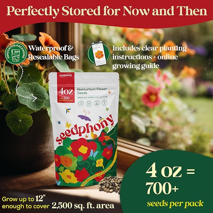 Nasturtium Seeds Pack 4 oz - 700 Non-GMO Heirloom Nasturtium Seeds for Planting, Perennial Flowers in Waterproof Seed Packet, Wildflower Seeds for Planting Garden Indoor & Outdoor Gardening