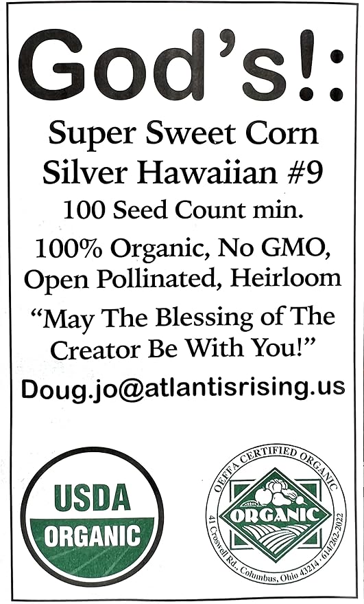 USDA, Organic, Silver, Hawaiian #9, Super, Sweet Corn, Heirloom, Open Pollinated, Non GMO