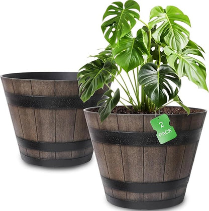 Large Plant Pots, 20 Inch 2 Pack Plastic Whiskey Barrel Planters, Big Flower Pots Wine Barrel Design for Outdoor Indoor, Garden, Porch, Patio, Backyard
