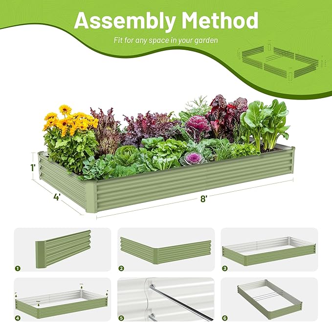 2PCS 8x4x1FT Galvanized Raised Garden Bed Kit, Galvanized Planter Raised Garden Boxes Outdoor, Large Metal Raised Garden Beds for Vegetables-Green