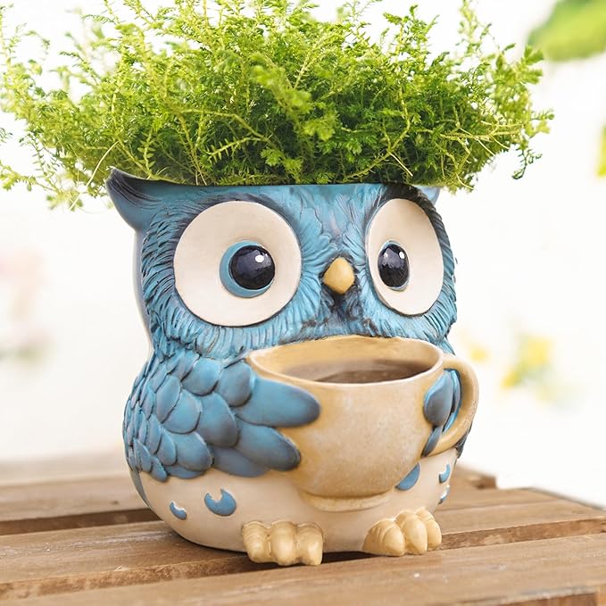Unique Owl Plant Pots Indoor, Cute Small Succulent Pots with Drainage Hole, Watering Owl Planters for Indoor Outdoor Plants, Resin Flower Pot for String of Pearls, Gift Ideas for Mother