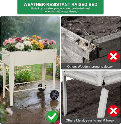 Elevated 32" Tall Raised Garden Bed with Legs and Wheels for Mobility, Metal Planter Boxes Outdoor with Shelf, Raised Bed for Gardening Vegetables/Herbs, Backyard, Patio, Balcony, White