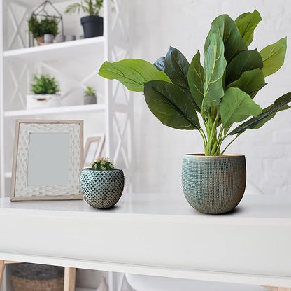 Olly & Rose Bali Ceramic Green Gold Plant Pot Set 2-6.8" and 5.5" Indoor Planters Cement Outdoor Flower Pots