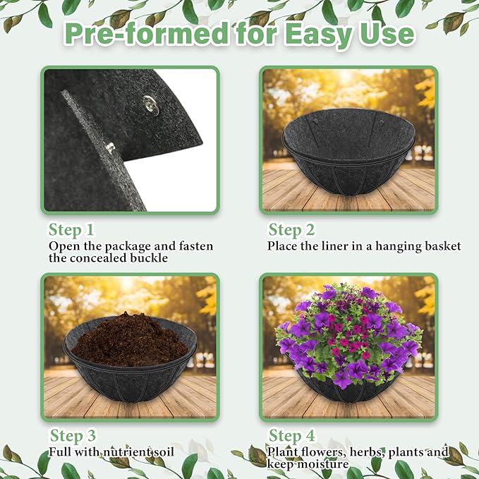Riare 4 Pack 16 Inch Round Fabric Planter Basket Liner- Felt Hanging Basket Liners Replacement Coco Fiber Liner Alternative for Hanging Basket Flowers (Prevent Birds from Nesting)