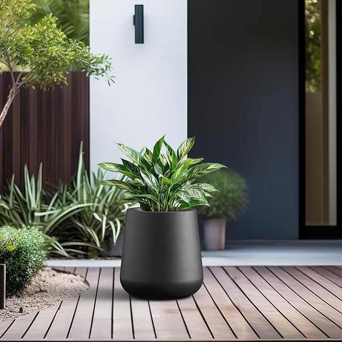 Kante Large Round Concrete Planter, 11.8" Dia Classic-Style Plant Pot with Drainage Hole, Ideal for Home, Patio, Garden, Flowers, Trees, Black Finish with Painted Interior