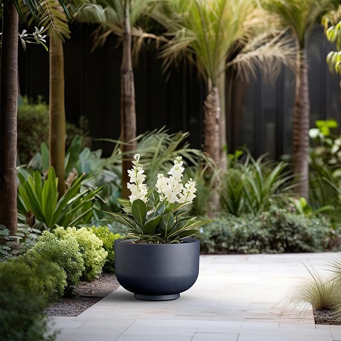 Kante 17.7 Inch Dia Concrete Bowl Planter, Large Tapered Bottom Plant Pot with Drainage, Smooth Charcoal Finish with Painted Interior, Ideal for Porch, Home, Garden, Patio
