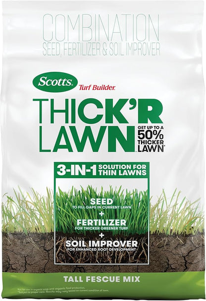 Scotts Turf Builder Thick'R Lawn Tall Fescue Mix, Combination Seed, Fertilizer and Soil Improver, Thickens Thin Grass, 12 lbs