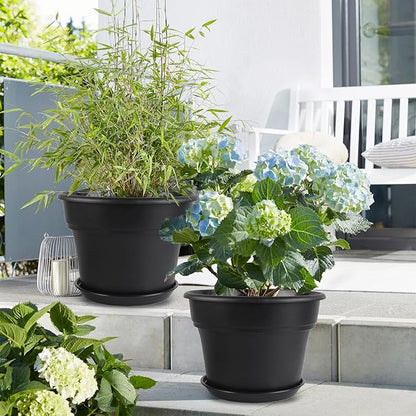 10-inch-Plant-Pots-Indoor-Outdoor, 4 Pack Plastic Planters with Drainage Holes & Saucers, Resin Flower Pots with Trays, Classic Garden Pot Container for House