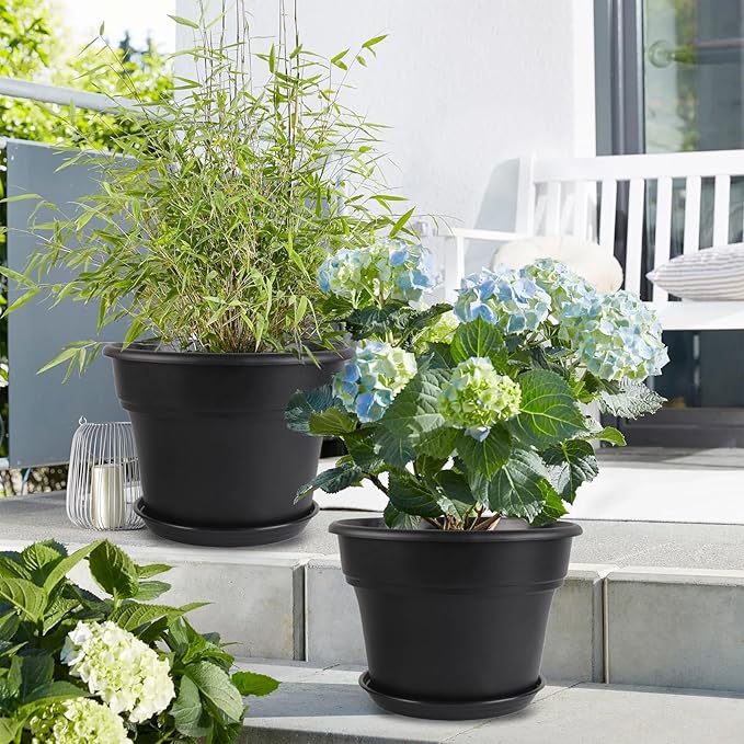 16-inch-Plant-Pots, 4 Pack Large Planters for Outdoor Plants, Plastic Flower Pots Indoor with Drainage Holes & Trays, Classic Garden Pot Container for House
