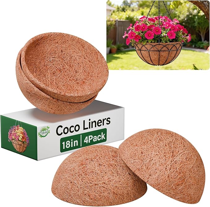 Halatool 4 Pack 18 Inch Coco Liners Natural Coconut Liners for Planters Round Hanging Basket Liner for Flowers Vegetables Balcony Garden Patio Porch Home Decor