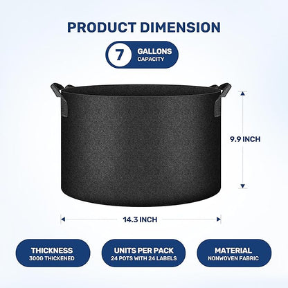 YSSOA Grow Bags 24 Pack 7 Gallon 300G Reusable Breathable Gardening Pots with Handles Non-Woven Fabric Plant Bags, Heavy Duty Planting Bags for Grow Tent Hydroponic & Outdoor Vegetables Tomatoes