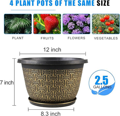 4 Pack 12 Inch Plant Pots,Large-Plant-Flower-Planters-Plastic, Flower Pots Outdoor Indoor with Drainage Holes & Trays, Retro Antique Imitation Decorative Garden Sets for Houseplants