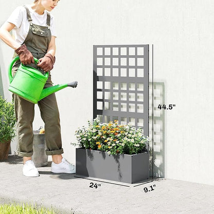 Outsunny Galvanized Raised Garden Bed with Trellis, Metal Planter Box with Drainage Holes, Outdoor Privacy Screen for Climbing Plants, Vegetable, Vines, 24" x 9" x 44.5", Gray