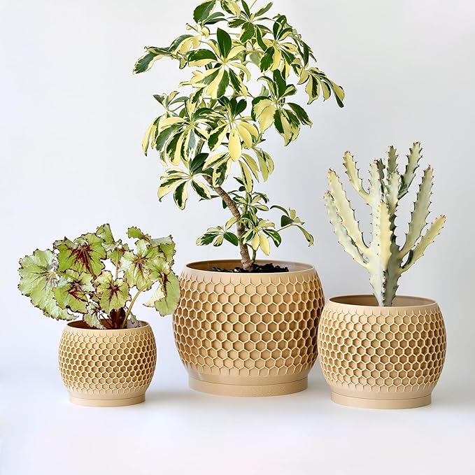 Plant Pots, Modern 3D Printed Honeycomb Planters for Indoor Plants, 4.7/6/8 Inch Wood Decorative Flower Pot for Office Desktop, Bookshelf & Home Decor, Lightweight & Durable
