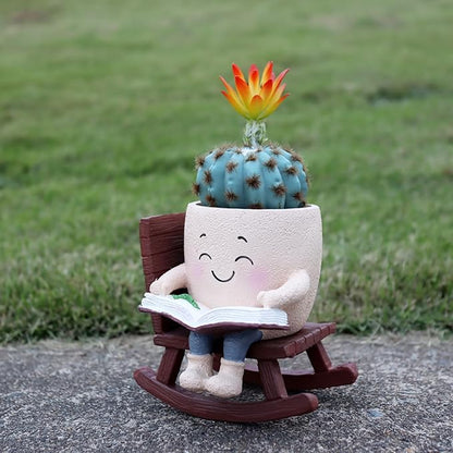 Cute Plant Pots Head Planters, Funny Rocking Chair Reading Book Planter Cactus Face Pot with Drainage Hole for Indoor Outdoor Plants, Unique Plant Lover Gifts