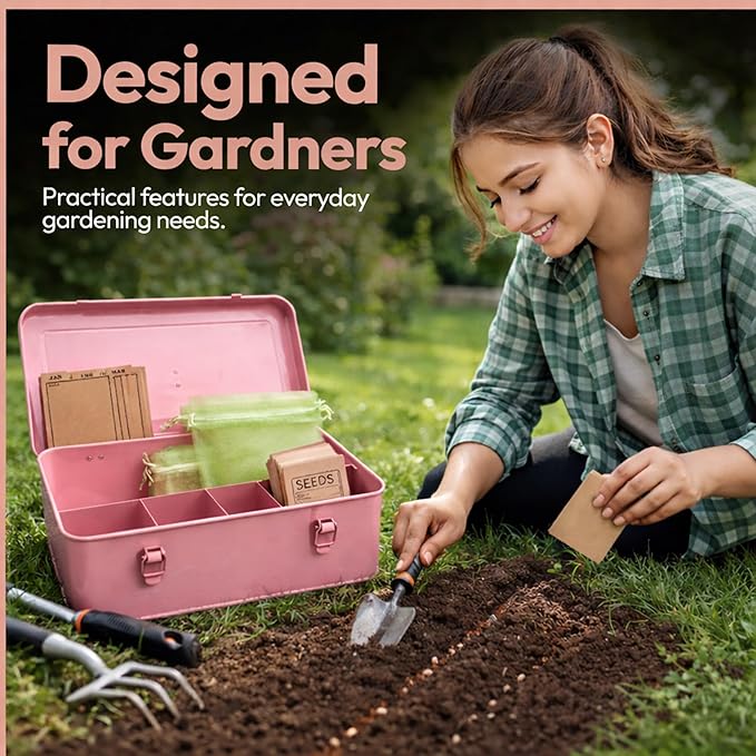 Seed Storage Organizer –Waterproof Metal Seed Box with Storage Bags, Dividers, 4 Compartments with Lid and Safety Locks , Portable Side Handles, Perfect for Garden Seeds, Lables & Tools -Matte Pink
