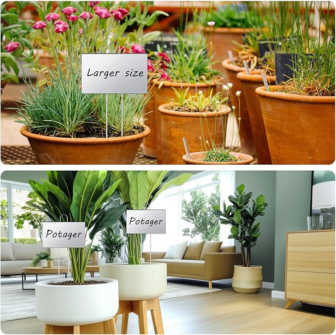 Landhoow 6 Pcs Large Garden Plant Markers Metal Plant Labels Sign 6'' x 8'' with 13'' Stake Weatherproof Waterproof Garden Sign for Outdoor Seedlings Herbs Vegetable Greenhouse, Silver