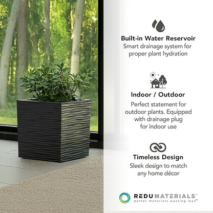 Tierra Verde Indoor & Outdoor Self-Watering Square Planter, Citadel Serenity, 14”, Black - Planting Containers for Plants and Flowers - Gardening and Landscaping Accessories