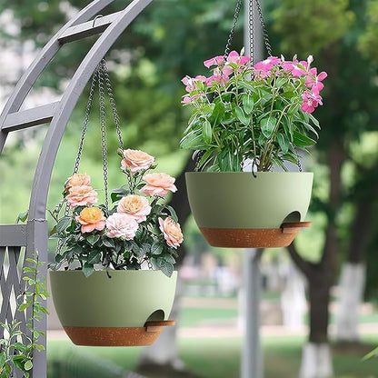 Set of 3-10 Inch Self Watering Hanging Planters for Indoor & Outdoor，Hanging Plant Pots with Drainage & Removable Tray, Hanging Pots Holder for Ivy, Ferns, Balcony & Patio, Green and Brown