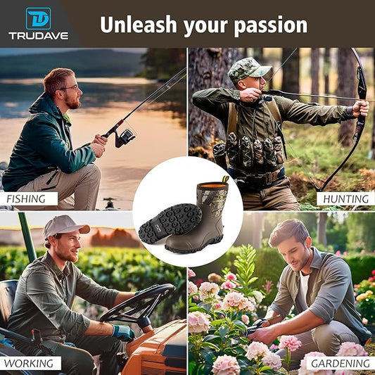 Trudave Rubber Boots for Men, 6mm Neoprene Insulated Mud Boots with Steel Shank, Men's Mid Calf Waterproof Rain Boots,Anti-Slip Rubber Work Boots for Farming Gardening Fishing,Size 7-13