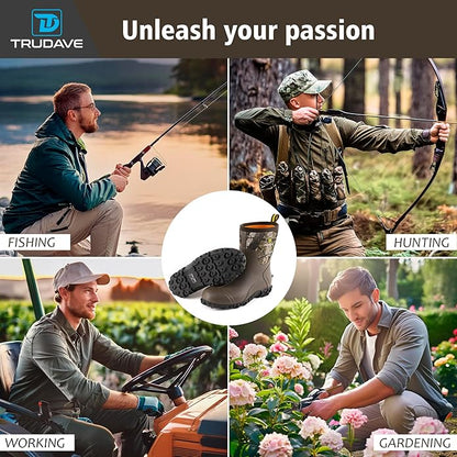Trudave Rubber Boots for Men, 6mm Neoprene Insulated Mud Boots with Steel Shank, Men's Mid Calf Waterproof Rain Boots,Anti-Slip Rubber Work Boots for Farming Gardening Fishing,Size 7-13