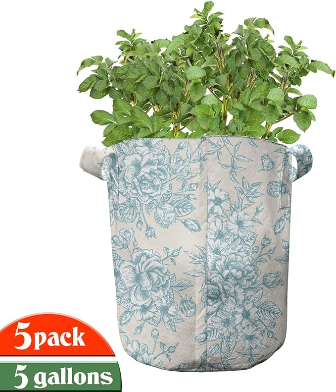 Ambesonne Colorful Grow Bags 5-Pack, Cartoon Bugs in Square, Heavyduty Fabric Pots with Handles for Plants, Coral Green