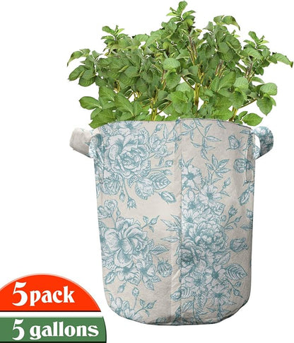 Ambesonne Colorful Grow Bags 5-Pack, Cartoon Bugs in Square, Heavyduty Fabric Pots with Handles for Plants, Coral Green