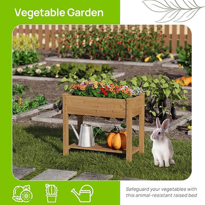 Raised Garden Bed with Legs, Wooden Raised Garden Bed with Storage Shelf, 34x18x30.7in, Elevated Wood Planter Box for Vegetables Flowers Herbs, Garden Planter for Backyard Patio Balcony (Brown, S)