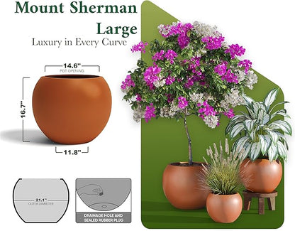 DTY Mount Sherman 21.1'' D x 16.7'' H (Pot Opening 14.6") Fiberstone Round Planter with Drainage Hole, Smooth Finishes, Weather Resistant for Indoor and Outdoor, 2 Extra Coco Mats - Terracotta, Large